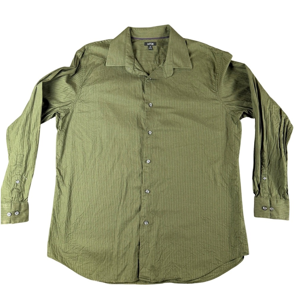 Apt 9 Mens XL Olive Green Striped Textured Long Sleeve Button Down Shirt Cotton